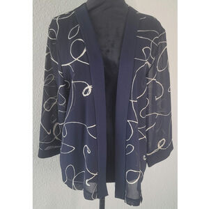 Vintage 1980s Sheer Blouse Navy White graphic Scribble Print Boxy Fit Sz Large